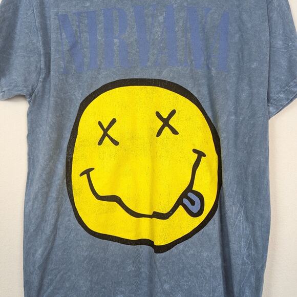 Nirvana Officially Licensed Blue Tie Dye Nevermind Smiley Grunge Band Tee - Picture 4 of 5